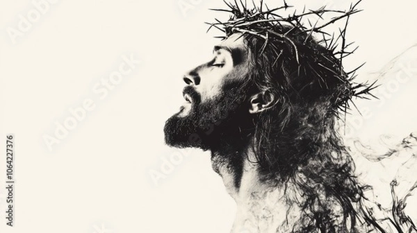Fototapeta A black and white portrait of a man with a crown of thorns on his head, looking up with his eyes closed.