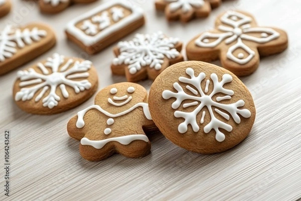 Fototapeta A plate of assorted cookies with a smiling gingerbread man and snowflakes