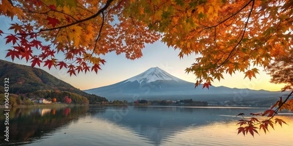 Fototapeta Vibrant Autumn Foliage Framing Serene Mount Fuji Reflected in Tranquil Lake under Clear Blue Sky