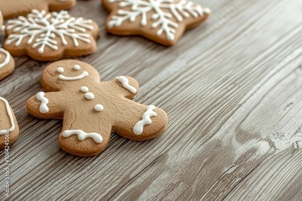 Fototapeta A cookie with a smiling face and a snowflake on top sits on a wooden table