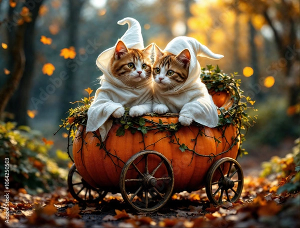 Fototapeta Two ginger kittens dressed as little ghosts ride in a pumpkin carriage.