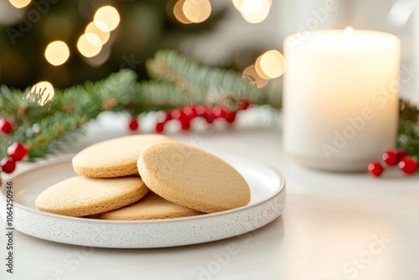 Fototapeta A plate of cookies sits on a table next to a candle