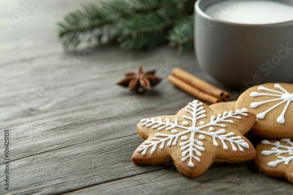 Fototapeta A plate of cookies with a snowflake design sits on a wooden table next to a cup
