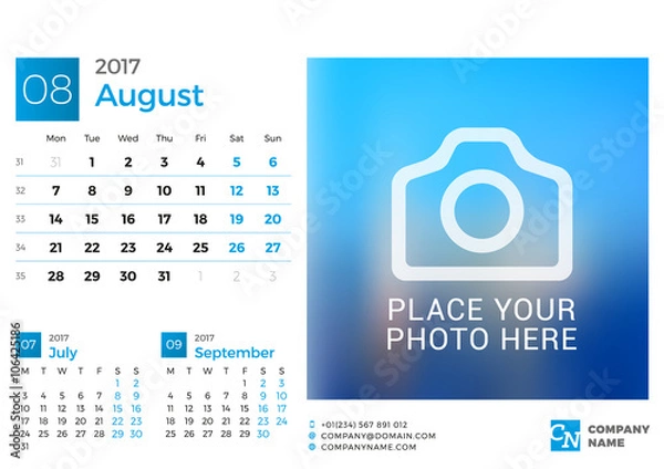 Fototapeta Desk Calendar for 2017 Year. Vector Design Print Template with Place for Photo. August. Week Starts Monday. 3 Months on Page