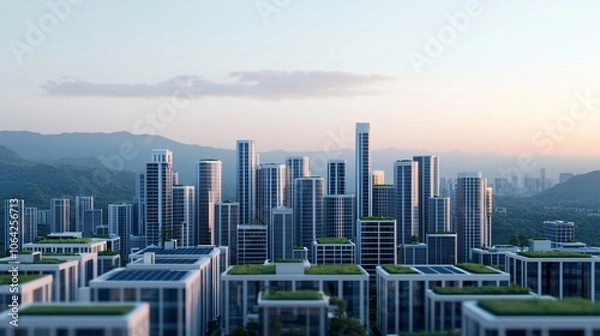 Fototapeta A futuristic cityscape showcases modern skyscrapers and green rooftops, blending urban design with nature in a serene landscape.