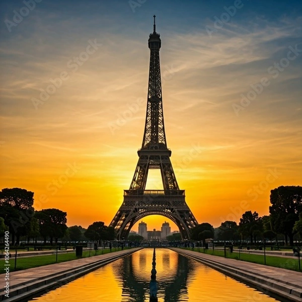 Fototapeta eiffel tower silhouette at sunset in paris france with golden sky and reflection in water