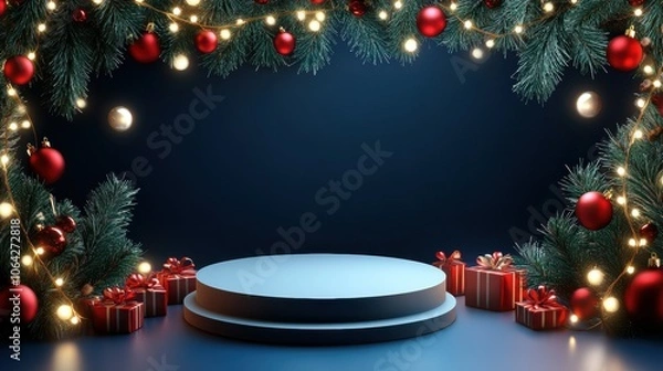 Fototapeta Christmas Podium Blue Background With 3D realistic for product display
