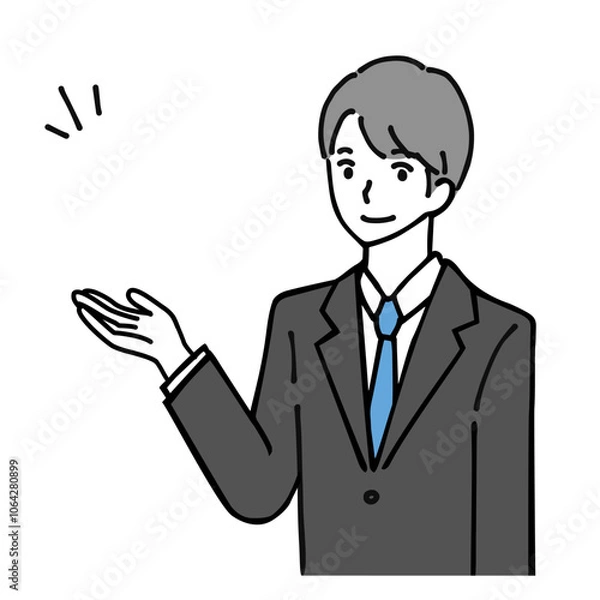 Fototapeta 笑顔で案内する若いビジネスマンのイラスト