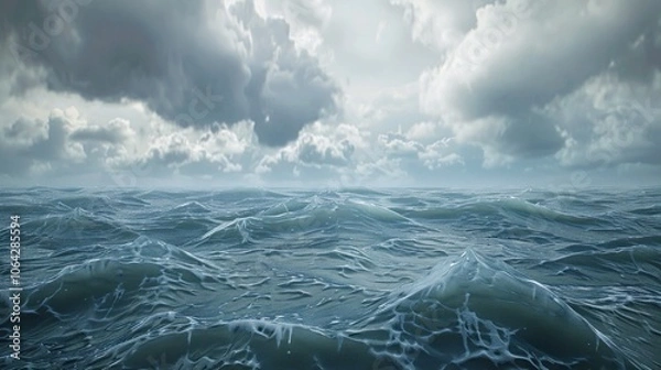 Fototapeta A wide view of the ocean, with stormy waves and dark clouds overhead