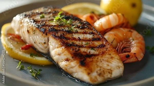 Fototapeta Mediterranean seafood platter with grilled fish, shrimp, and calamari, served with lemon and herbs on a light plate, soft daylight enhancing colors and textures, appetizing and elegant presentation.
