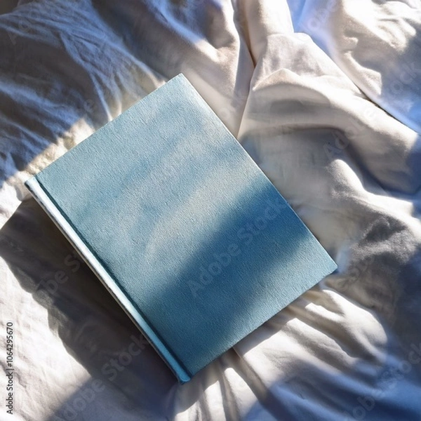 Obraz top view of light blue note book on cozy clean white bed sheet, sun shine, shadow