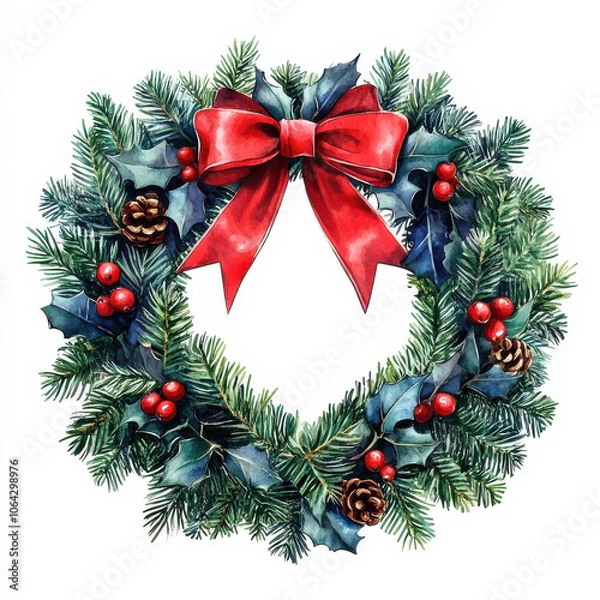 Fototapeta beautiful watercolor Christmas wreath adorned with red ribbon and festive elements