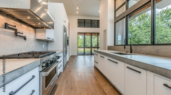 Fototapeta Modern Kitchen Interior with Open Layout and Natural Light