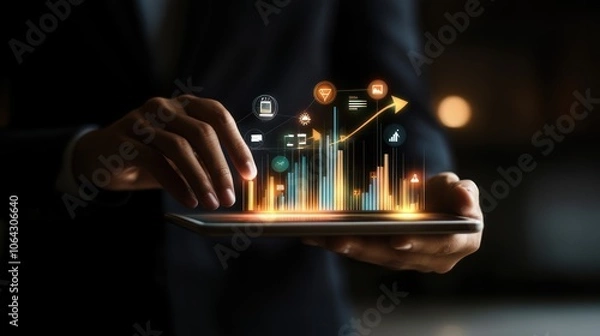 Obraz A person holds a tablet displaying vibrant data visualizations and analytics.