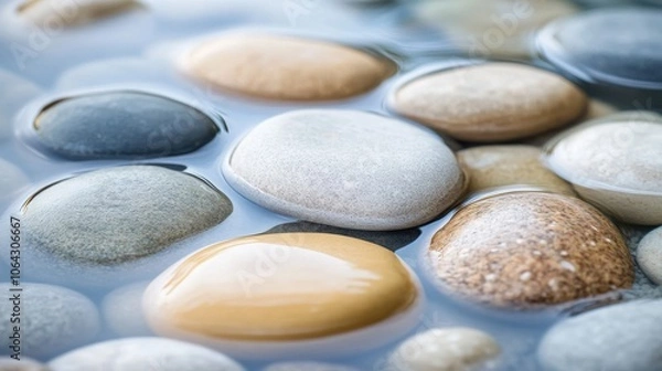 Fototapeta As the morning light gently caresses the water, smooth stones lie beneath the clear surface, creating a serene and peaceful atmosphere perfect for reflection and tranquility.