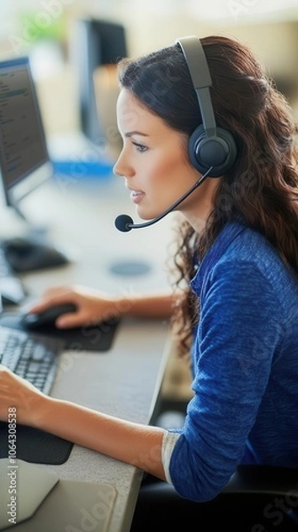 Obraz Focused woman wearing headset, engaged in a task at her computer, showcasing remote work or customer support.