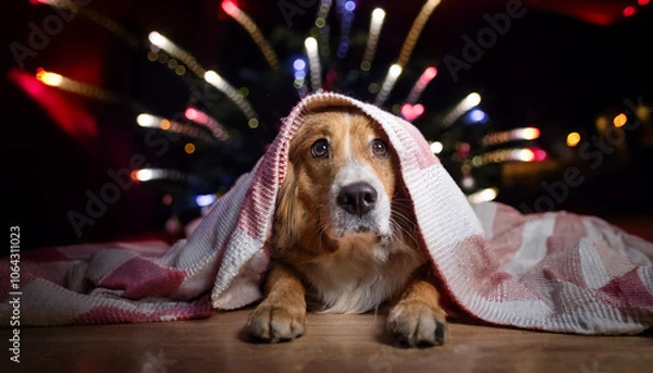 Obraz A frightened dog hiding under blankets, scared of fireworks