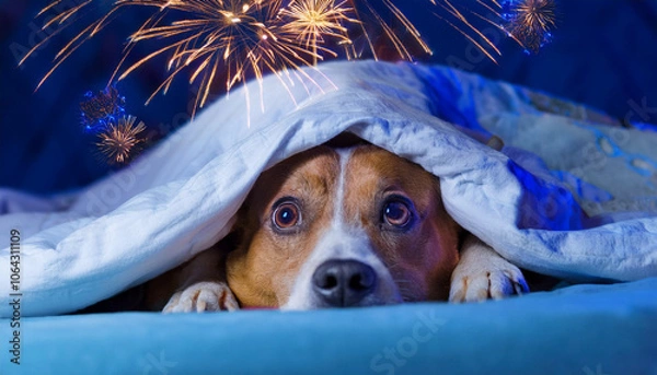 Obraz A frightened dog hiding under blankets, scared of fireworks