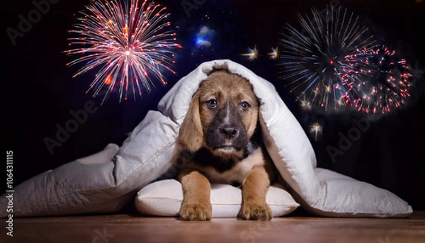 Obraz A frightened dog hiding under blankets, scared of fireworks