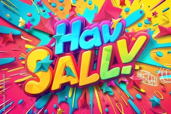 Fototapeta A colorful and fun 3D text design with the words "Haw Sally" in a cartoon style with a burst of color and stars in the background.