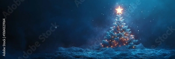 Fototapeta Festive Christmas tree with lights and snowy background, glittering star topper on blue winter.