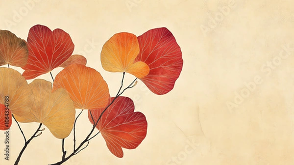 Fototapeta Vibrant orange and red ginkgo leaves against a soft beige background, showcasing nature's beauty in a minimalist style.