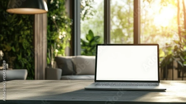 Fototapeta A laptop is open on a table with a vase of flowers next to it