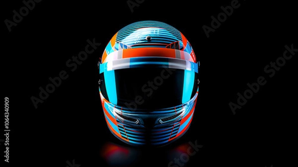 Obraz Close-up front view of a racing helmet with bold blue, orange, and white geometric patterns against a black background