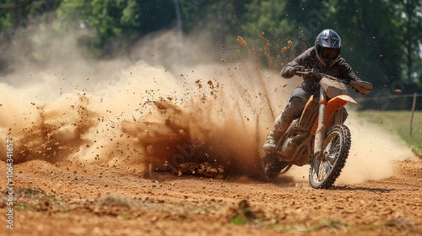 Obraz Motocross rider slides and kicks up dirt on a rugged track, capturing intense movement, speed, and flying debris in an action-packed scene