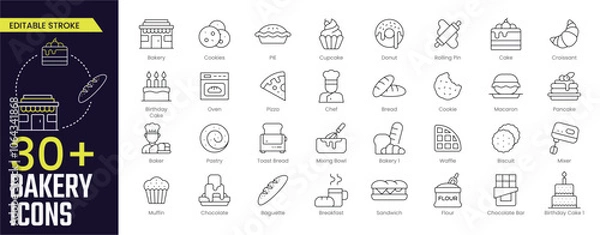 Obraz Bakery Stroke icon collections. Containing Bakery, Cookies, Birthday Cake, Oven, Chef, Bread, Baker, Chocolate Bar, and Cupcake icons. Editable Stroke icon collection Outline icon