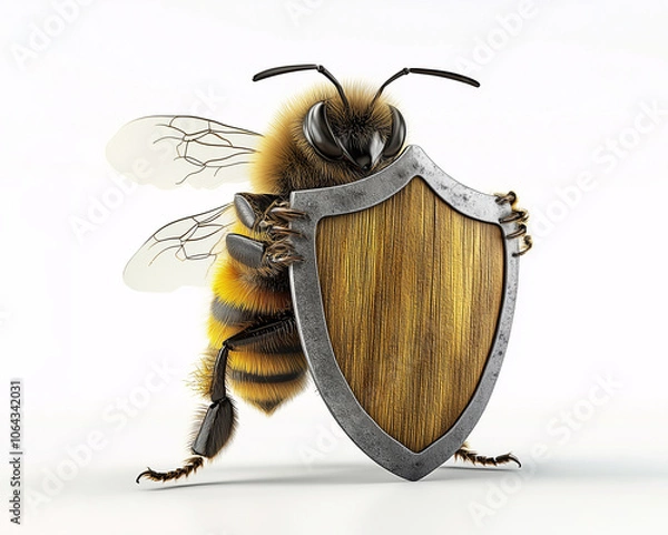 Fototapeta 3D render of a honey bee holding shield isolated on white