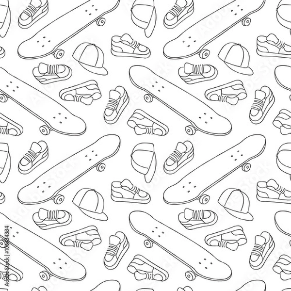 Fototapeta Street Skateboarding Seamless Pattern in Black and White. Repetitive Texture with Hand Drawn Skateboards, Sneakers and Caps.  Vector Lifestyle Background