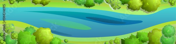 Fototapeta The Blue River flows along. View from above. View from copter or helicopter. Summer landscape. Scenery green. Seamless composition. Vector