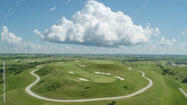 Fototapeta Aerial View of Rolling Green Golf Course with Dramatic Clouds