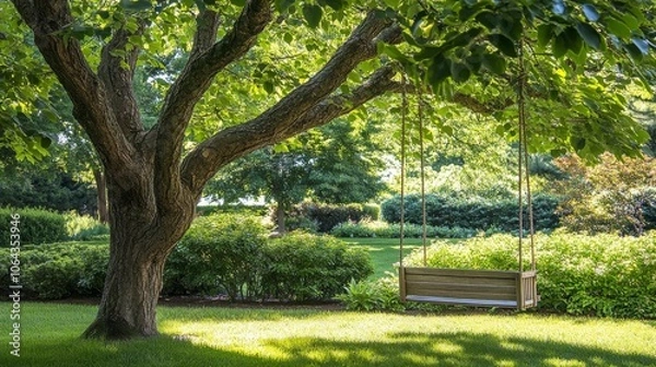 Fototapeta 110.A large leafy tree with sprawling branches creates a canopy of shade over a rustic wooden swing hanging from one of its sturdy limbs. Beneath the tree, the lush green grass is bathed in dappled