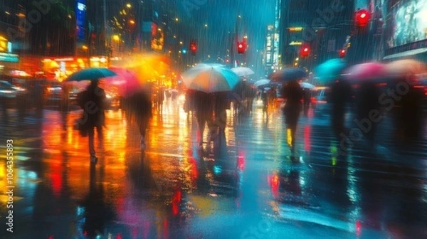 Fototapeta 33.A group of pedestrians crossing a busy intersection, all huddled under umbrellas to shield themselves from the pouring rain. The reflections of traffic lights and the blurred movement of cars can