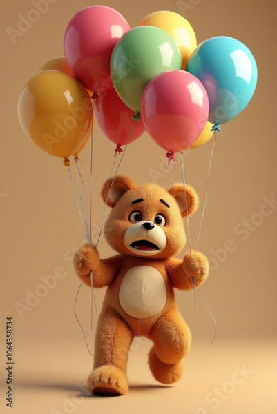 Fototapeta Playful Teddy Bear Holding Colorful Balloons Against a Light Brown Background: A Festive and Lively Scene