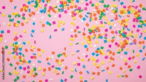 Obraz Colorful party confetti scattered on pink background, colorful