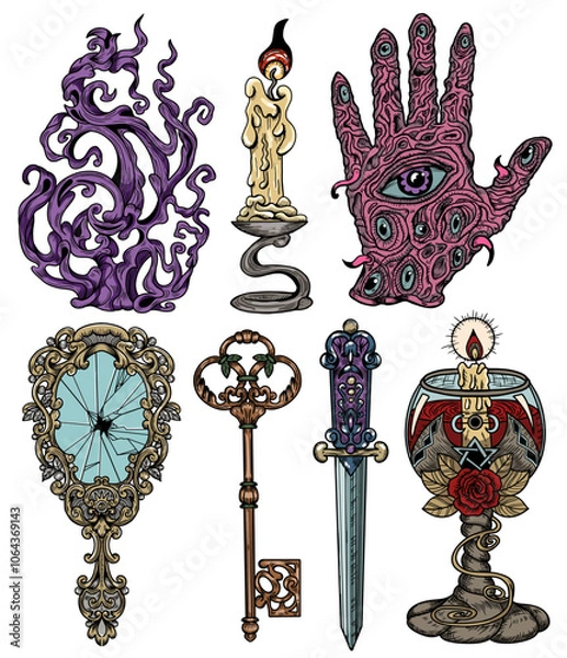 Fototapeta Hand drawn design set with colorful engraved mystic and gothic objects - mirror, key, candle, cup, scary hand, sword. Hand drawn vector illustrations for Halloween with esoteric and occult symbols