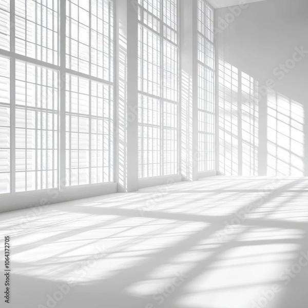 Fototapeta A crisp white studio wall with a gobo shadow pattern of blinds and window frames cast across it. The natural lighting creates an elegant, realistic overlay of shapes, adding visual interest and a