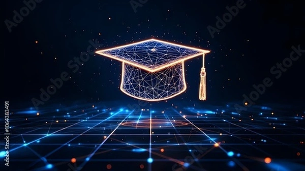 Fototapeta Digital Education Revolution: Futuristic Graduation Cap Hologram with Network Connections on Technology Grid Background