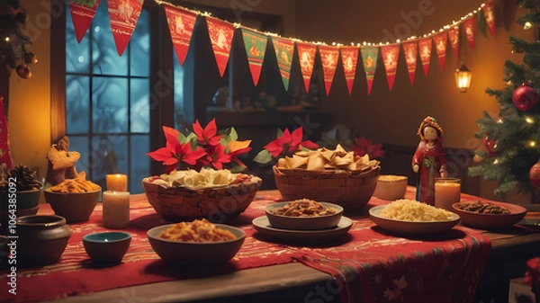 Obraz Posadas Christmas Feast: A warmly lit table laden with traditional Mexican Christmas Eve dinner, Posadas celebration. Festive decorations and candles create a cozy atmosphere. 