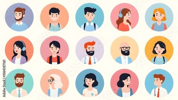 Fototapeta Modern Diverse Avatar Collection in Pastel Circles - Flat Design Profile Pictures for Business and Social Media Applications