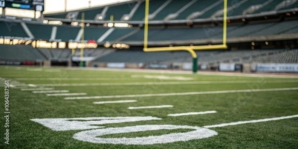 Obraz A close-up view of a football field within the stadium with goalposts and field markings, turf, speed, landscape, strategy