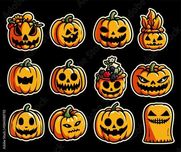Fototapeta Pumpkin element set. Halloween illustration. Horror and spooky element. Isolated on black background. Fit for banner, poster, symbol, background, apparel, cover. Vector Eps 10.