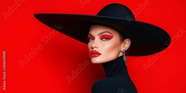 Obraz Portrait of a beautiful young female fashion model wearing a top hat.