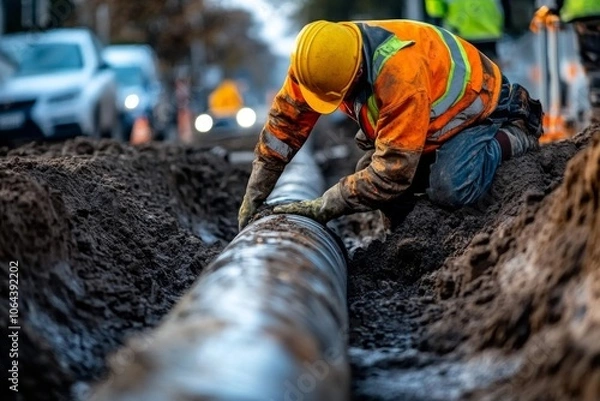 Fototapeta Essential maintenance of city street infrastructure involves skilled labor.