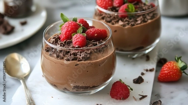 Obraz Delicious Chocolate Mousse with Raspberries and Chocolate Shavings