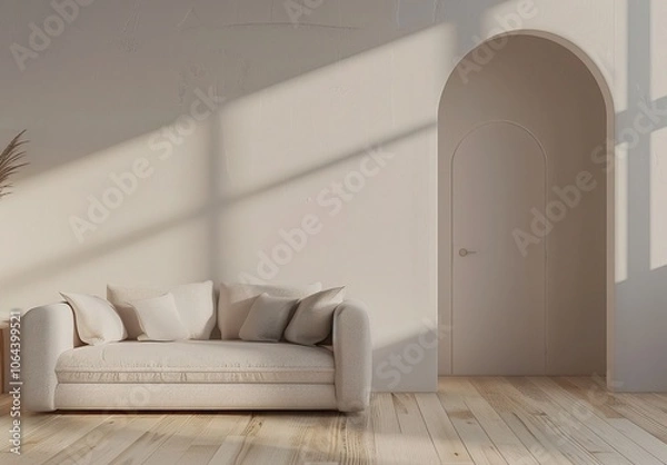 Fototapeta Minimalist living room interior with a white sofa, a floor lamp, and an arched door. The room features white walls, a wooden floor, and a white door