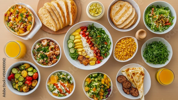 Fototapeta Arrangement of vegan healthy food on table 